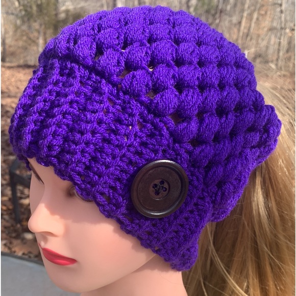 Purple Crochet Handmade Slouch Women's/Teens Messy Bun/Ponytail Hat - Picture 1 of 4